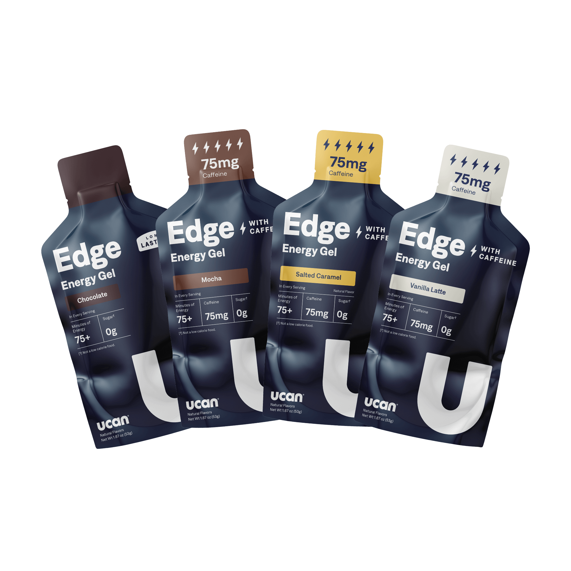 Four packs of Edge Energy Gel in different flavors.
